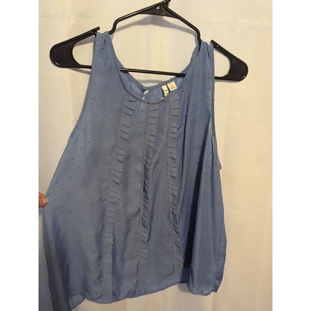 ELLE Top Blouse Women XL Ruffled Blue Swiss Dot Cottagecore Feminine Lightweight